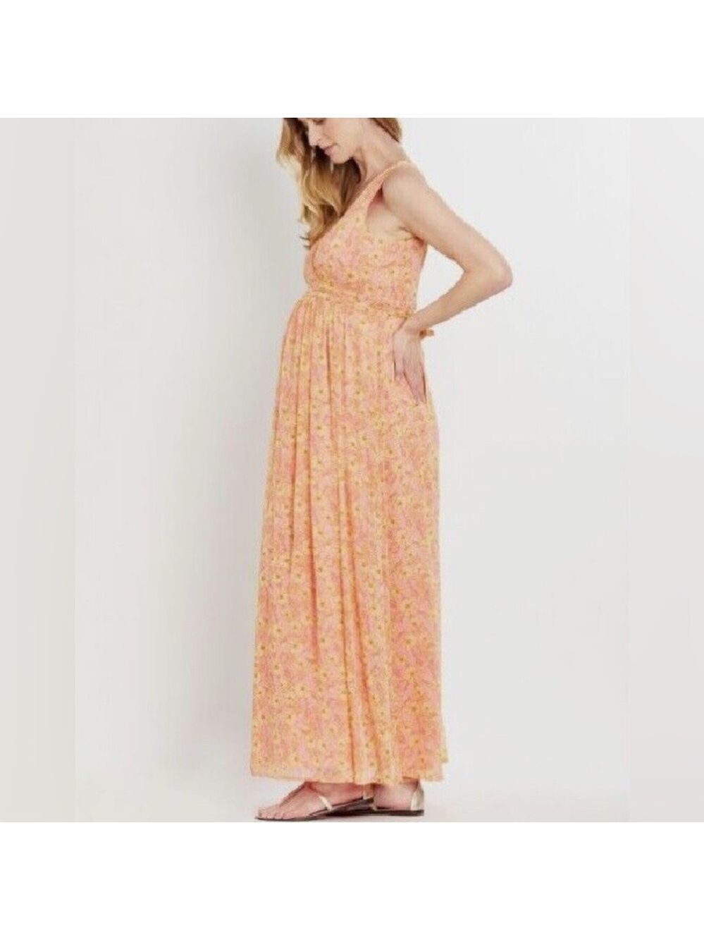 Motherhood Maternity Womens Pink Yellow Floral Chiffon Maternity Dress Large